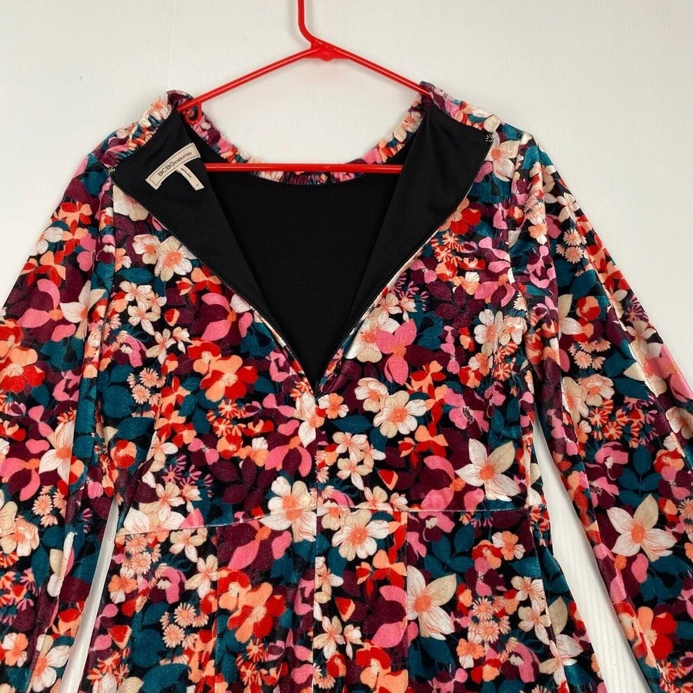 Bcbgeneration Velvet Floral Print Ruffle Trim Colorful Mini Dress Size 4 - Picture 11 of 13